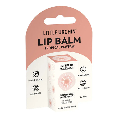 A small lip balm tube in its retail hanger card. The packaging is dusty pink and white with black text.