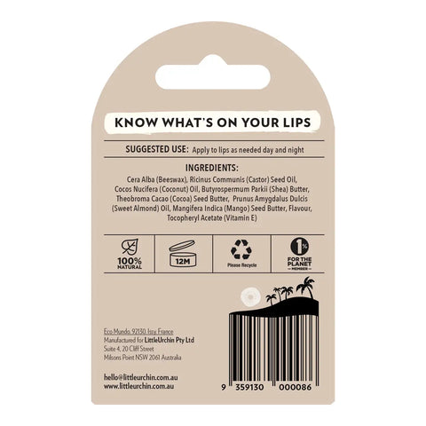 The back of a lip balm card packaging, showing product information, ingredients, icons, and a barcode on a white background.