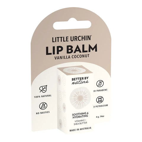 Little Urchin Lip Balm Vanilla Coconut in its original cardboard packaging, featuring a white and beige box with black text and icons on a clean white background.