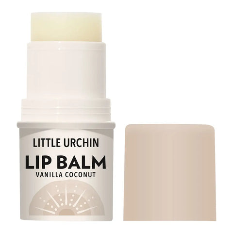 A white lip balm stick with the cap removed and placed beside it on a plain white background.