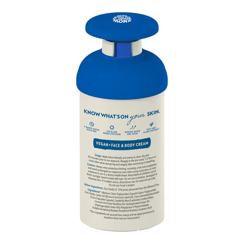 A bottle of sunscreen with a white body and a bright blue cap, shown on a plain white background.