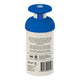 Back view of a bottle of sunscreen, showing the white label with blue cap and product details.