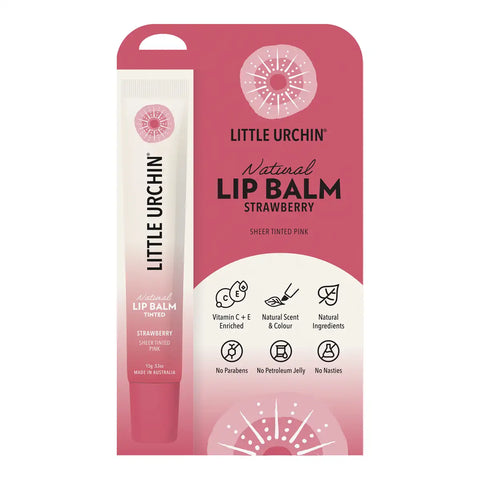 Little Urchin Natural Lip Balm Strawberry in a pink and white packaging card with a vertical tube of lip balm shown beside it on a white background.