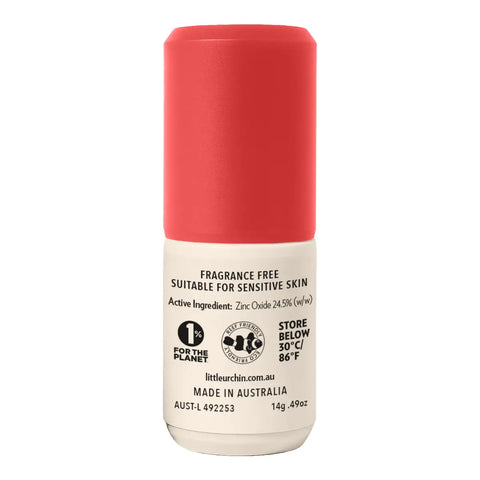 A 14g bottle of Little Urchin Red Natural Zinc Stick, featuring a coral red cap and a cream-colored label with black text.