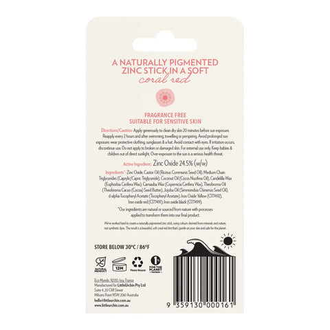 The back of a zinc stick packaging card in coral red, featuring product details, ingredients, icons, and a barcode on a white background.
