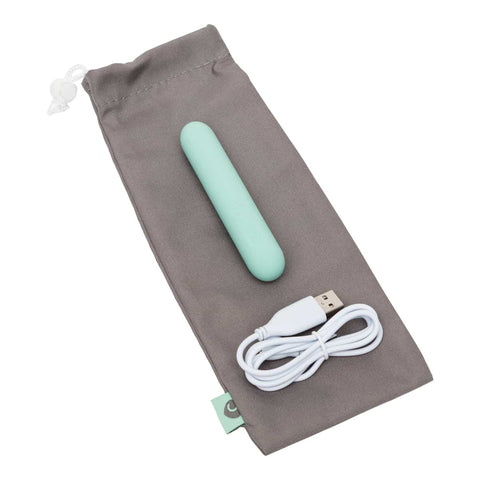 Bullet vibrator & USB charger laying on top of a drawstring pouch.