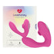 Pink silicone lovehoney dual vibrating and suction stimulator next to a box packaging on a white background. 