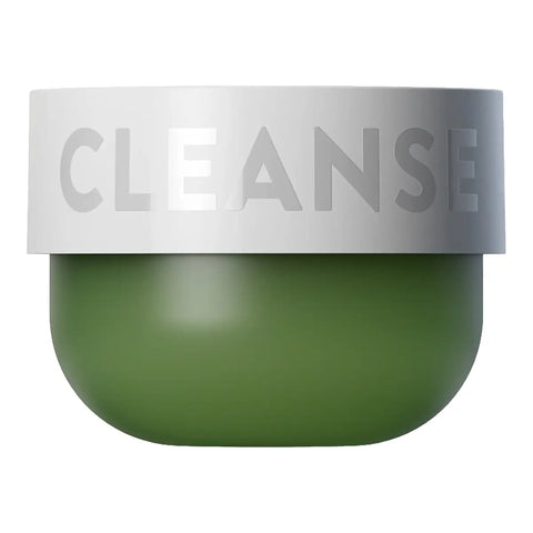 A cosmetic jar with a matte olive green body and a wide silver lid featuring the word 'CLEANSE' in large gray letters, shown on a plain white background.