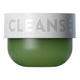 A cosmetic jar with a matte olive green body and a wide silver lid featuring the word 'CLEANSE' in large gray letters, shown on a plain white background.