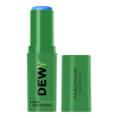 A green skincare serum stick with its cap removed, showing blue product inside.