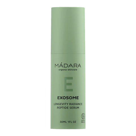 Mádara Exosome Longevity Radiance Peptide Serum in a light sage green cylindrical bottle, shown against a plain white background.