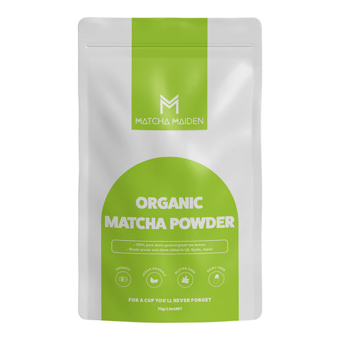 Bag of Matcha Maiden organic matcha powder on a white background