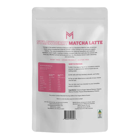 Back of 150g pouch of Matcha Maiden Strawberry Matcha Latte. A luscious fusion of strawberries & earthy richness of matcha. 