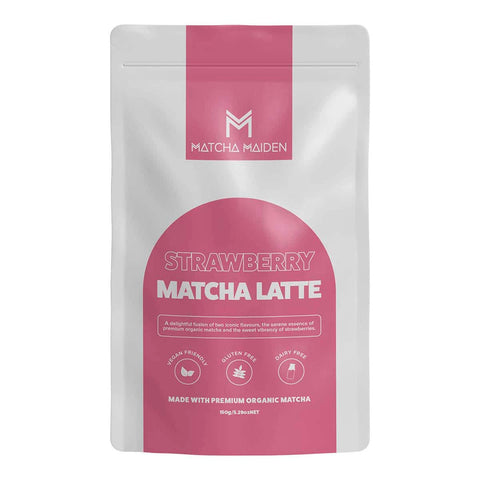 Matcha Maiden Strawberry Matcha Latte packaging on a white background.  Vegan, gluten free & dairy free.