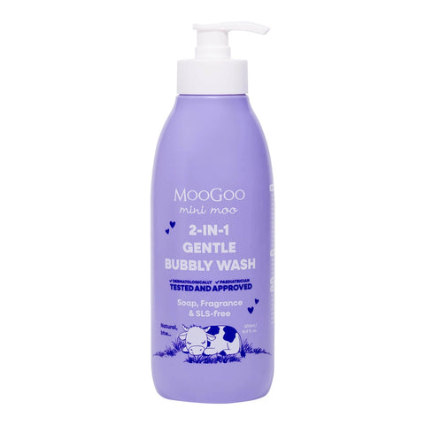 MooGoo Mini Moo 2-in-1 Gentle Bubbly Wash 500ml in a purple pump bottle with a white pump top.