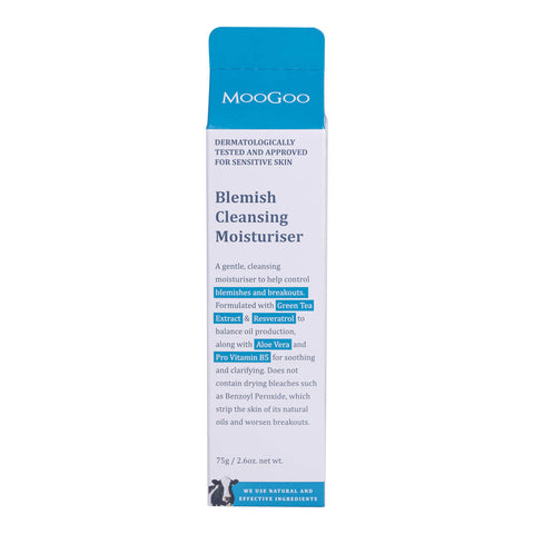 Moogoo blemish cleansing moisturizer packaging on a white background