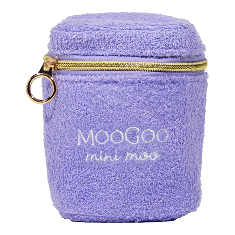 A lavender purple plush pouch with a gold zipper and a gold ring pull, featuring the embroidered white text 'MooGoo mini moo' on the front.