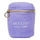 A lavender purple plush pouch with a gold zipper and a gold ring pull, featuring the embroidered white text 'MooGoo mini moo' on the front.