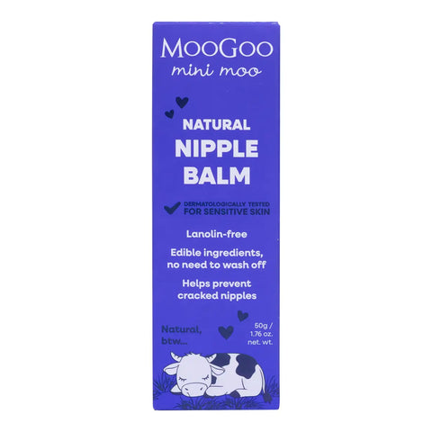 A tall rectangular blue box of MooGoo Mini Moo Natural Nipple Balm, featuring white text and a small illustration of a sleeping cow at the bottom.