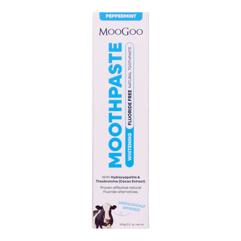 A single tube of MooGoo Moothpaste whitening toothpaste in Peppermint flavour, shown against a plain white background. The packaging is white with blue and black text, featuring a cow illustration at the bottom.