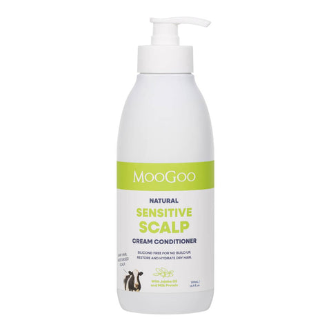 500ml bottle of MooGoo Sensitive Scalp Cream Conditioner with a pump top.