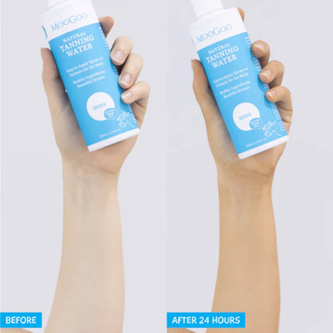 Two hands holding bottles of MooGoo tanning water with 'Before' and 'After 24 Hours' text on a white background.