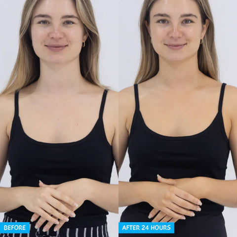 Before and after comparison of a person wearing a black tank top against a white background.