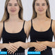 Before and after comparison of a person wearing a black tank top against a white background.