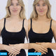 Before and after comparison of a woman wearing a black tank top on a white background.