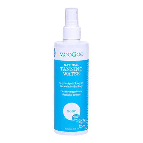 Moogoo Natural Tanning Water spray bottle on a white background.