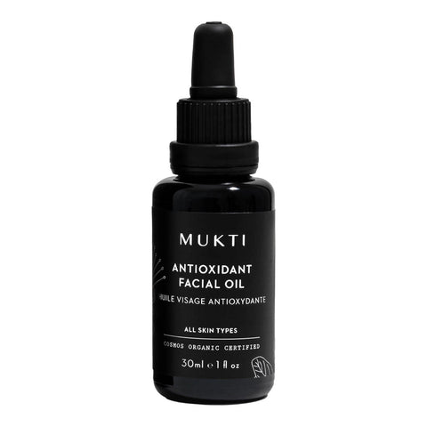 MUKTI Antioxidant Facial Oil in a black dropper bottle. Suitable for all skin types.