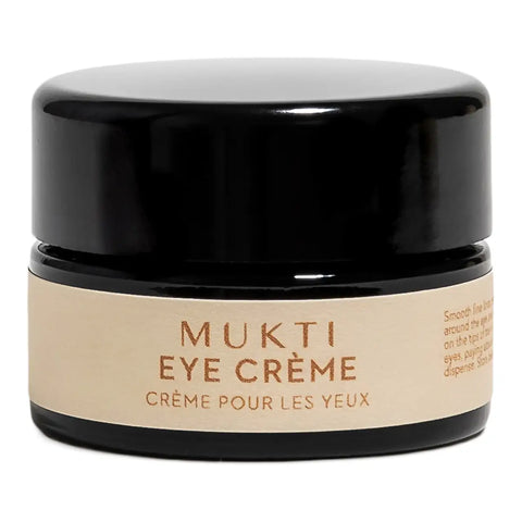 A black cosmetic jar of MUKTI Eye Crème with a beige label, shown on a plain white background.
