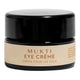 A black cosmetic jar of MUKTI Eye Crème with a beige label, shown on a plain white background.
