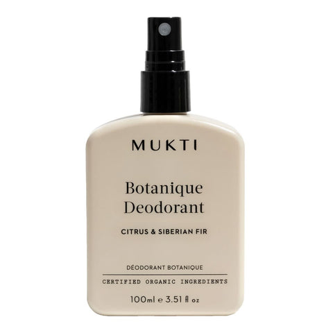 MUKTI Botanique Deodorant - Citrus & Siberian Fir 100ml spray bottle on a white background. 
