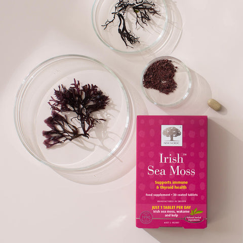 New Nordic Irish Sea Moss packaging with sea moss samples on a white background