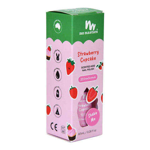 Nail polish packaging - pink and green with strawberry & cupcake illustrations. 