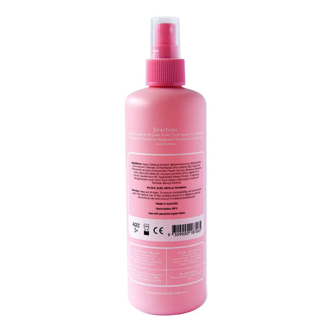 Back of 250ml pink spray bottle of kids hair detangler with directions for use and ingredients.