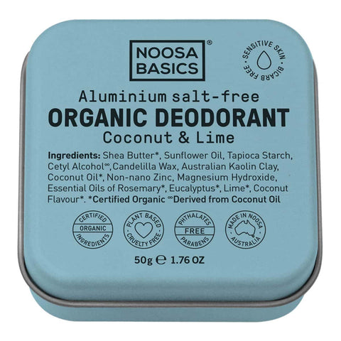 50g Noosa Basics organic deodorant cream tin with coconut & lime flavour. Blue tin on a white background. 