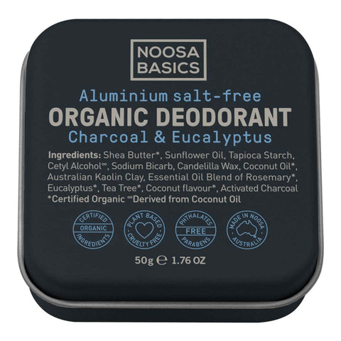 50g Noosa Basics organic deodorant cream tin with charcoal & eucalyptus flavour. Black tin on a white background. 