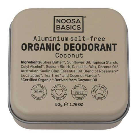 50g Noosa Basics organic deodorant cream tin with coconut flavour. Brown tin on a white background. 