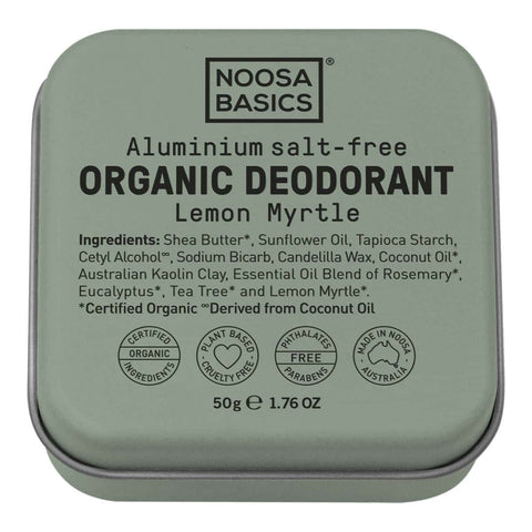 50g Noosa Basics organic deodorant cream tin with lemon myrtle flavour. Khaki green tin on a white background. 