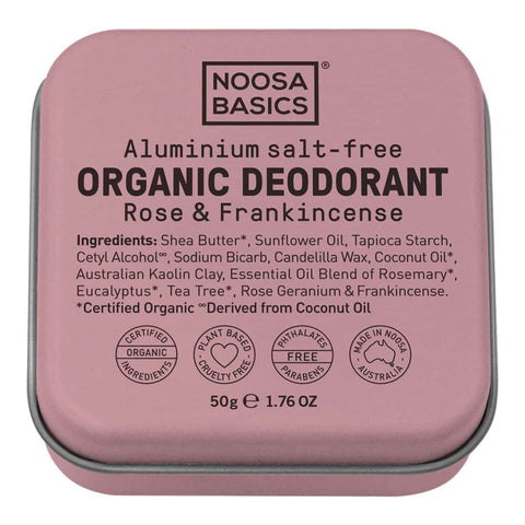 50g Noosa Basics organic deodorant cream tin with rose & frankincense flavour. Rose pink tin on a white background. 