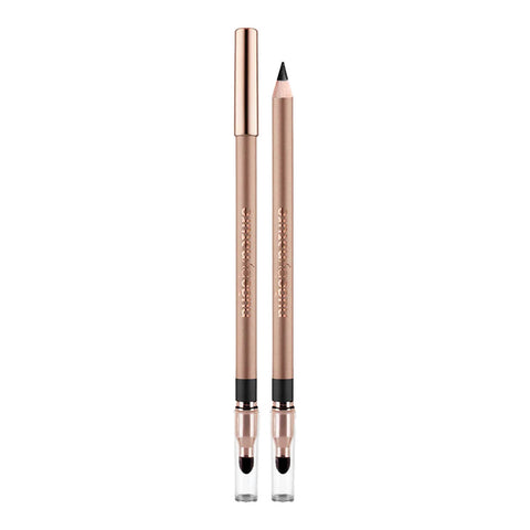 Two rose gold eye pencils with black tips on a white background.