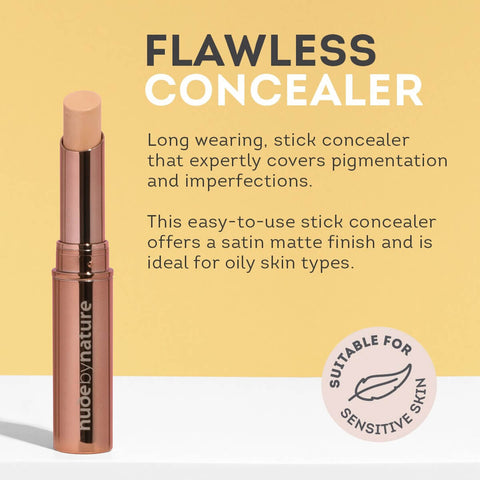 Nude by Nature concealer stick with product description on a yellow background.