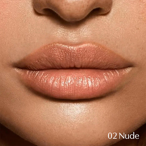 Close-up of lips with a nude lipstick shade labeled '02 Nude'.