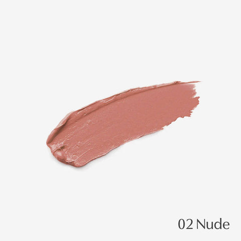 Nude-coloured lipstick swatch on a light grey background with '02 Nude' text.