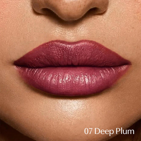Close-up of lips wearing a deep plum lipstick with '07 Deep Plum' text.