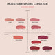 Moisture Shine Lipstick colour guide with swatches on a beige background.