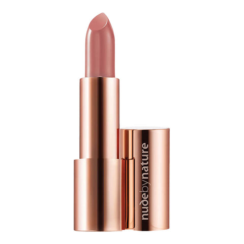 Lipstick with rose gold casing on a white background.