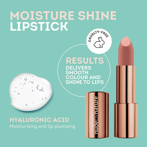 Moisture Shine Lipstick with hyaluronic acid on a teal background.
